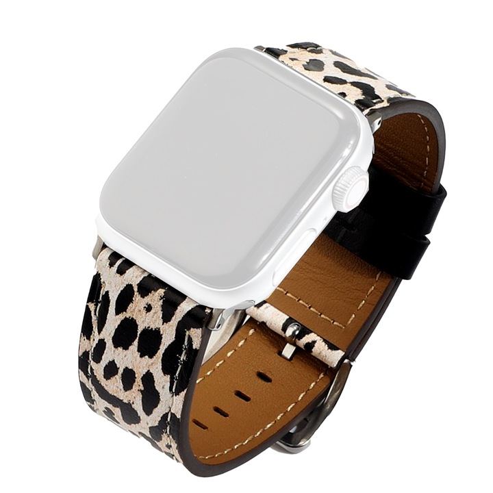 Curea din piele naturala WatchBand™ Leopard, Compatibila cu Apple Watch 1/2/3/4/5/6/7/8/SE/Nike+/Ultra - 42/44/45/49 mm, Alb