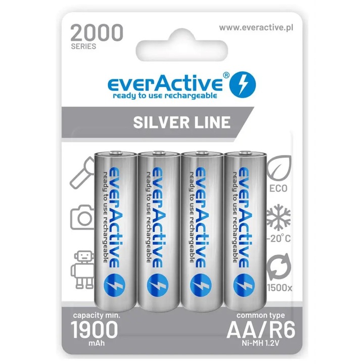 Set 4 baterii, SILVER LINE, Reincarcabile, Capacitate Mare, Tehnologie "Ready To Use", tip. 14.0 x 50.2mm, Ni-MH everActive, AA, R6, Silver Line, 2000 mAh