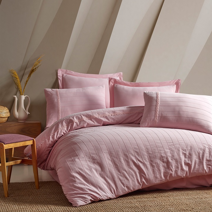 Ranforce jacquard francia ágynemű, 6 db, 240x260 cm, Saheser, Jasmin Pink, Púderrózsaszín