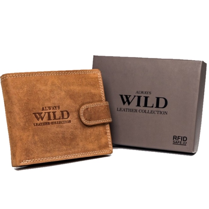 Мъжки портфейл, естествена кожа, ALWAYS WILD Carson, RFID защита, закопчаване с щракване, коняк кафяв