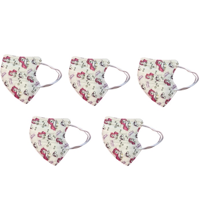Set 5 masti de protectie FFP2 pentru copii, culoare alb cu model ponei, 5 straturi, Tiexiong