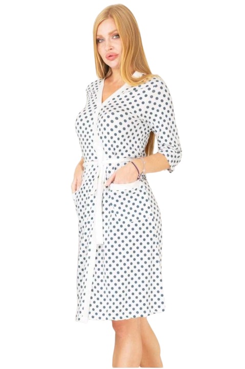 Háromnegyedes ujjú női pamut köntös, pöttyös, szürke és fehér színben, Fehér