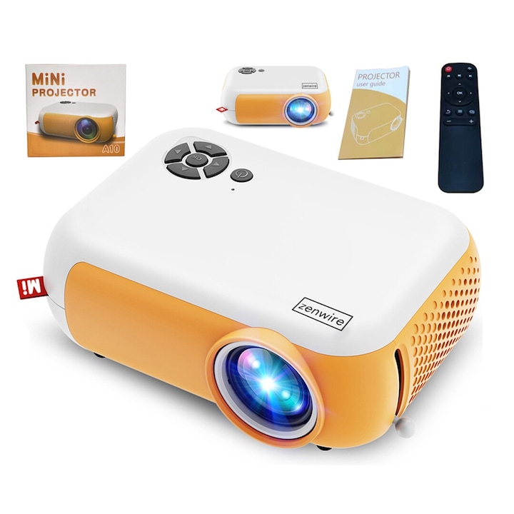 Портативен Мини Проектор, Zenwire, A10, Led, Full HD, 1080p, USB, 1800lm, 2000: 1, 100 Инча, HDMI / mini jack / USB / micro SD / micro / micro / USB, съвместим с Netflix, HBO GO, Youtube