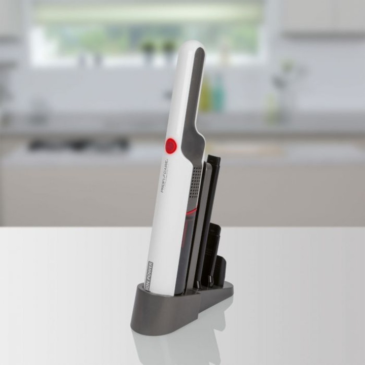 Aspirator de mana Proficare, PC-AKS 3102, fara fir, ideal pentru masina si casa, 2 trepte putere, indicator luminos multifunctional, fara sac, filtru HEPA, operare usoara, statie de incarcare 3in1, 4 accesorii, alb/gri
