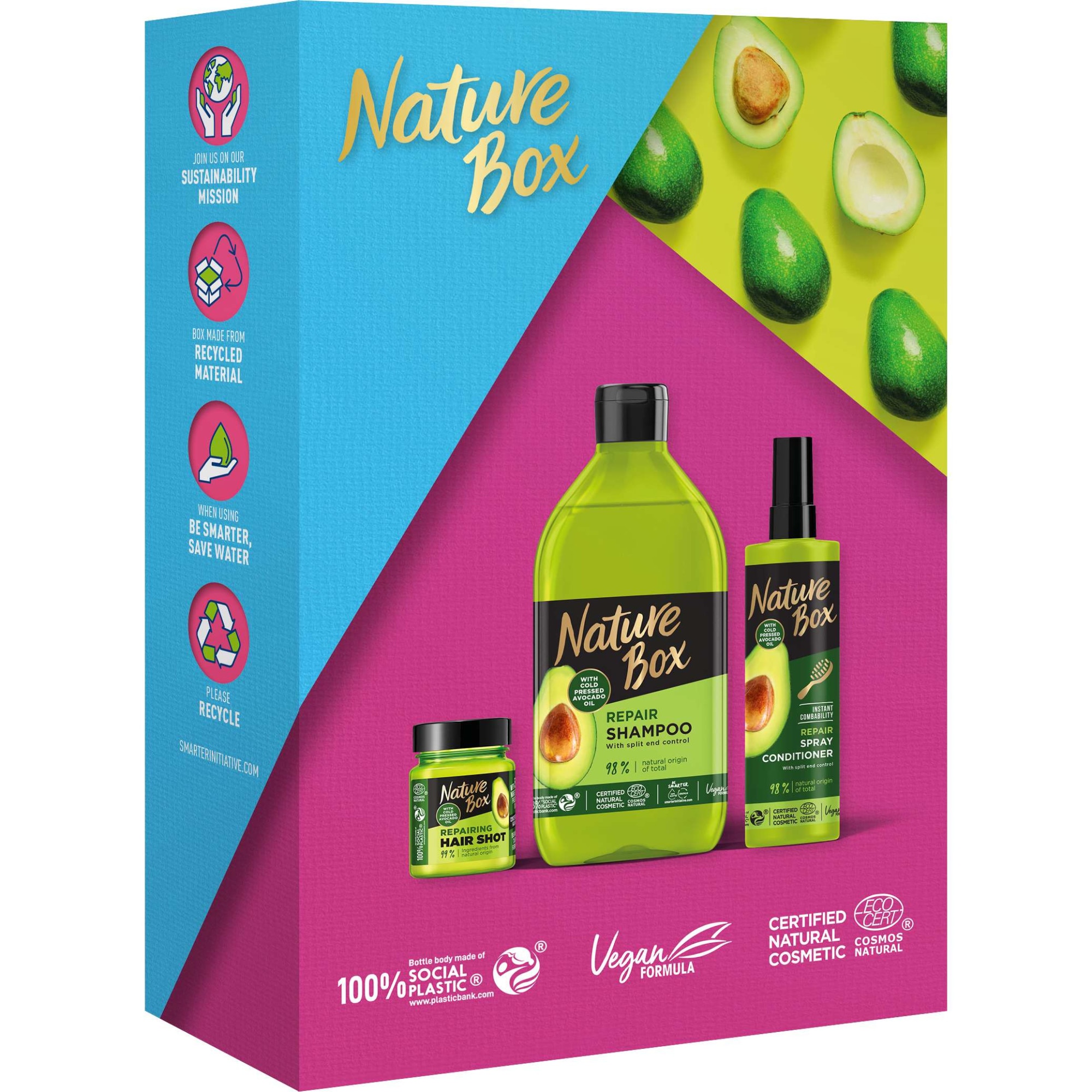 bombă acțiune Gândi  Set Nature Box Avocado cu ulei de avocado presat la rece pentru par  deteriorat: Sampon, 385 ml + Balsam Spray, 200 ml + Tratament concentrat,  60 ml - eMAG.ro