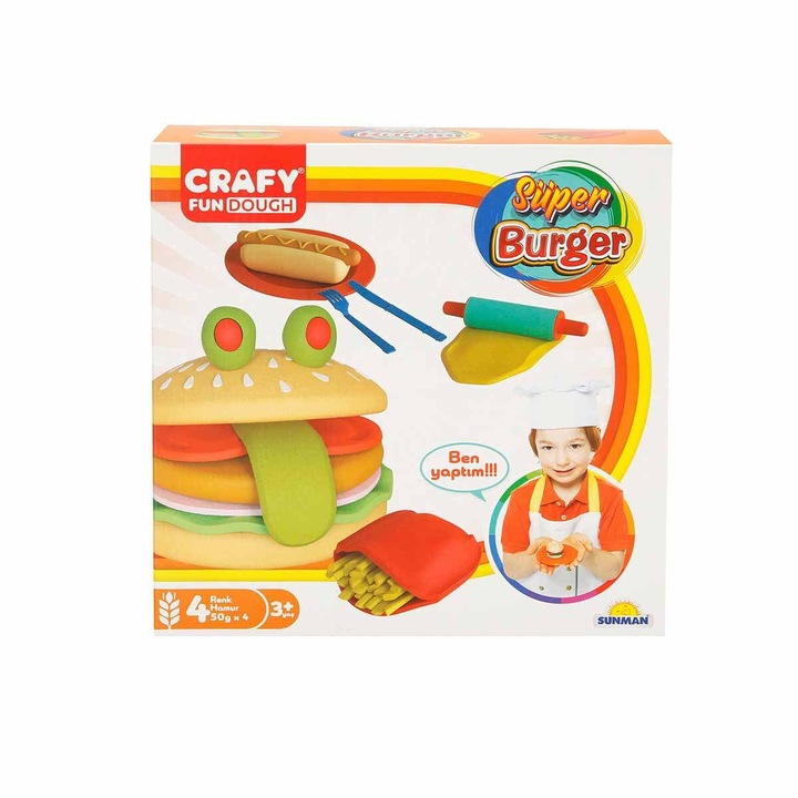 Set pasta de modelat Crafy Dough, Super Burger 12 elemente 4 x 50 g