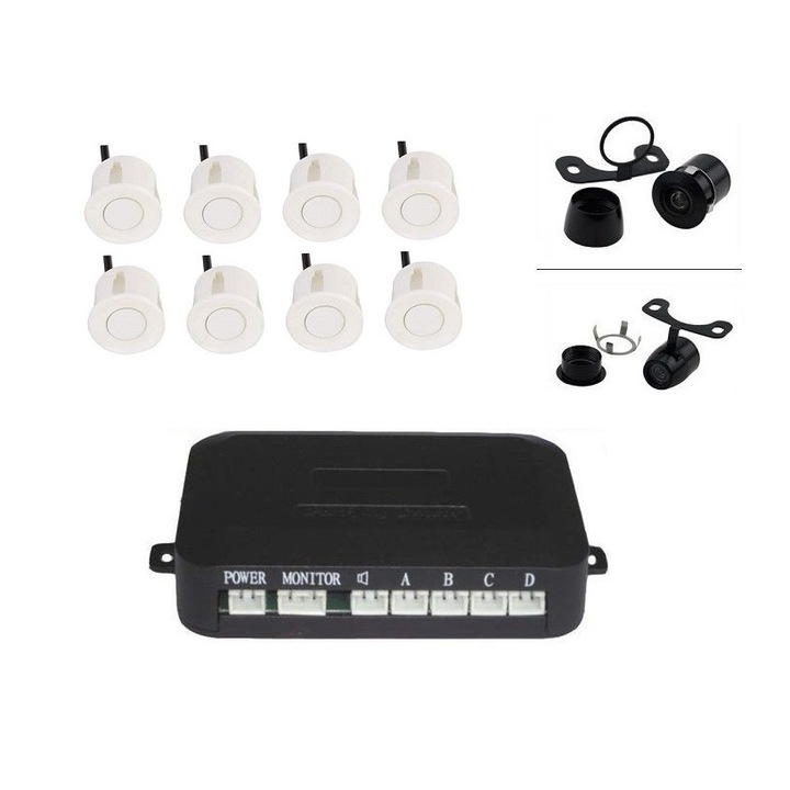 Set 8 senzori parcare video albi fata spate cu temporizare, camera fata si camera marsarier fara display S600-8-White