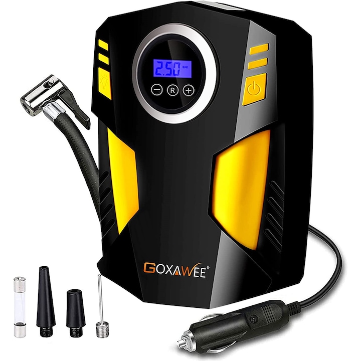 Compresor auto digital 3 in 1, GOXAWEE, G5213, lumina LED, DC 12V, 120W, 35L/min, Cablu de alimentare 3m, Oprire automata, Negru/Galben