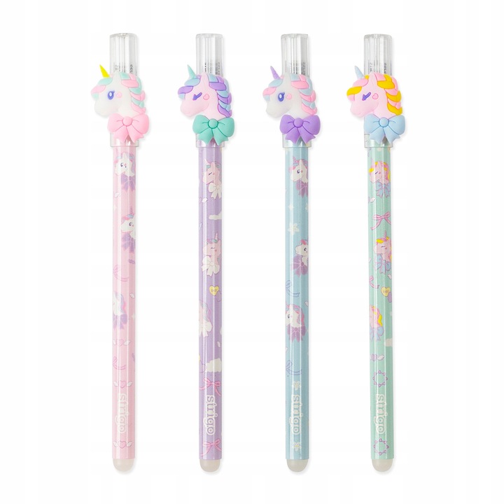 Комплект от 4 химикалки, Strigo, Unicorn, с изтриваемо синьо мастило, дебелина на върха 0,5 мм, многоцветни