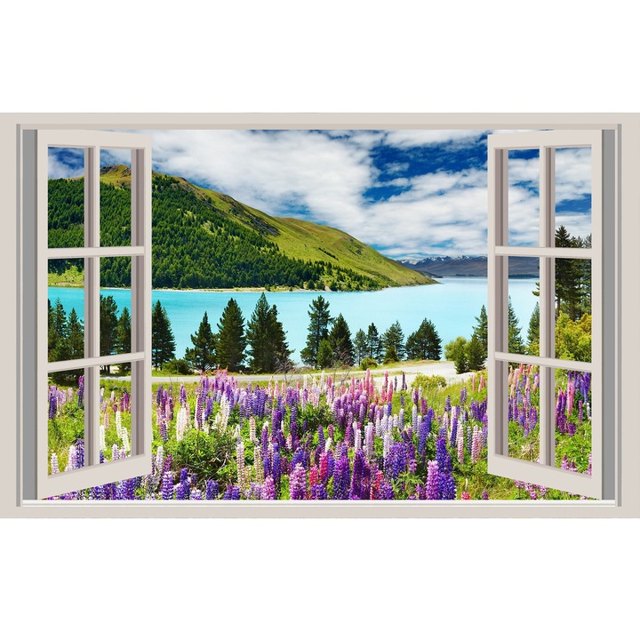 Tablou Canvas, Peisaj la fereastra, natura, munte, padure, lac, verdeata, flori, 80 x 50 cm, Multicolor