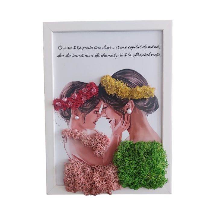Tablou cu licheni stabilizati, model Mama Fiica, cu mesaj, 15x21 cm