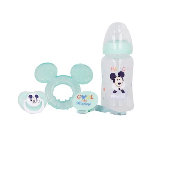 Set biberon cu tetina 240 ml, inel dentitie, suzeta ortodontica si suport pentru suzeta, Mickey Mouse