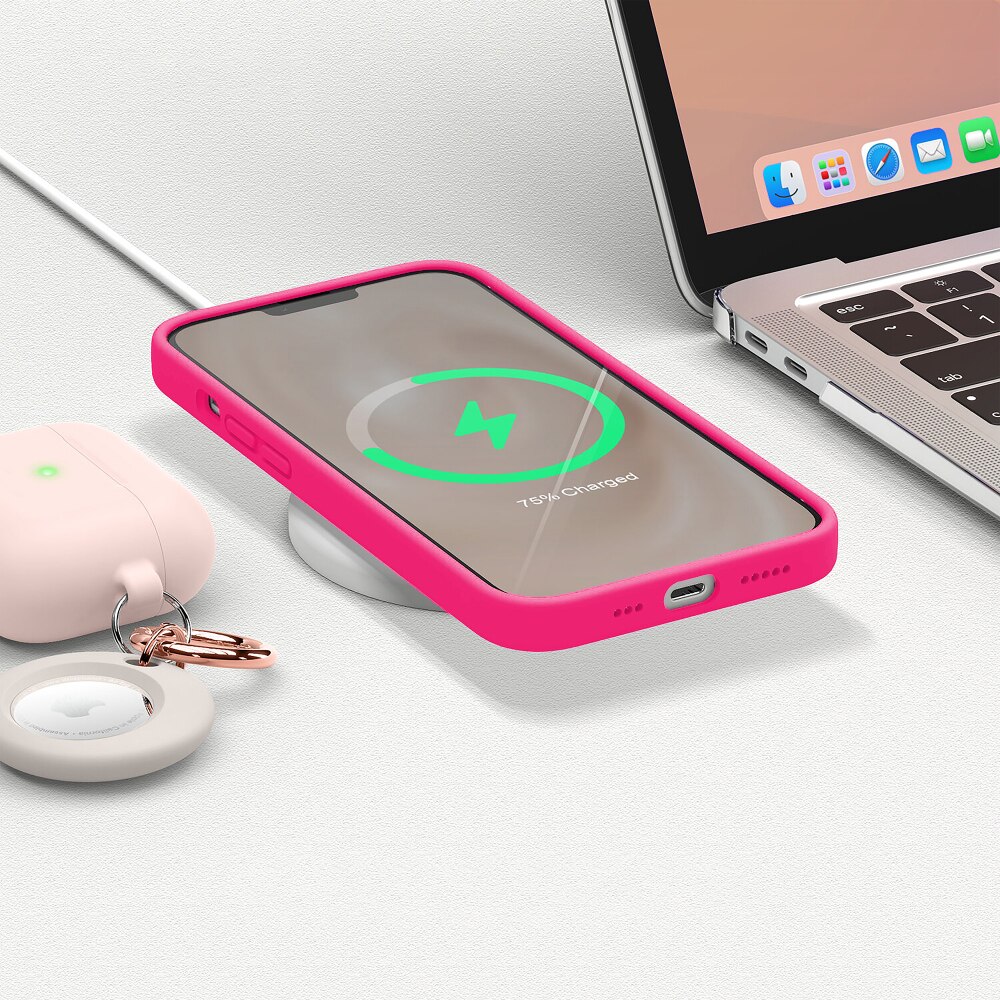 Husa CASEY STUDIOS™ compatibila cu iPhone 13 Mini, Soft Silicone Premium, Microfibra in Interior, Fuchsia, de Protectie, Ultra Slim, pentru Incarcare Wireless, Margini Ridicate de Protectia Ecranului si a Camerelor