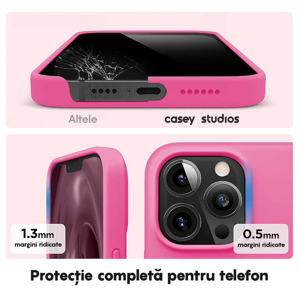 Husa CASEY STUDIOS™ compatibila cu iPhone 13 Pro Max, Soft Silicone Premium, Microfibra in Interior, Fuchsia, de Protectie, Ultra Slim, pentru Incarcare Wireless, Margini Ridicate de Protectia Ecranului si a Camerelor
