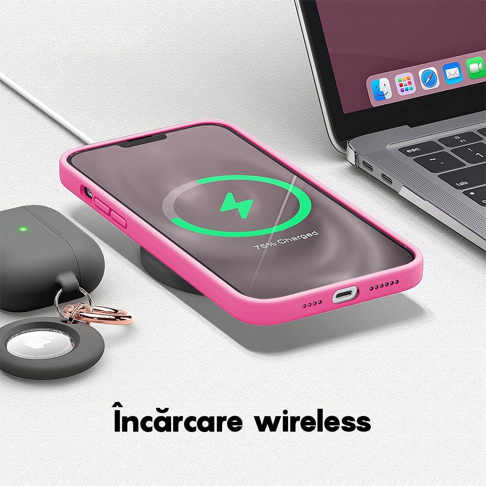 Husa CASEY STUDIOS™ compatibila cu iPhone 13 Pro Max, Soft Silicone Premium, Microfibra in Interior, Fuchsia, de Protectie, Ultra Slim, pentru Incarcare Wireless, Margini Ridicate de Protectia Ecranului si a Camerelor