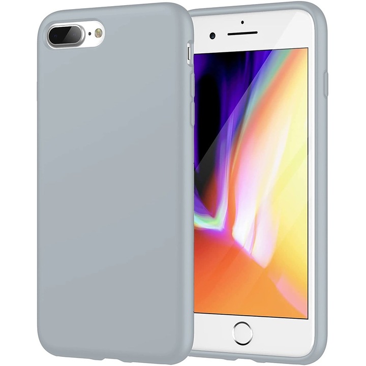Husa CASEY STUDIOS™ compatibila cu iPhone 7 Plus / 8 Plus, Soft Silicone Premium, Microfibra in Interior, Light Gray, de Protectie, Ultra Slim, pentru Incarcare Wireless, Margini Ridicate de Protectia Ecranului si a Camerelor
