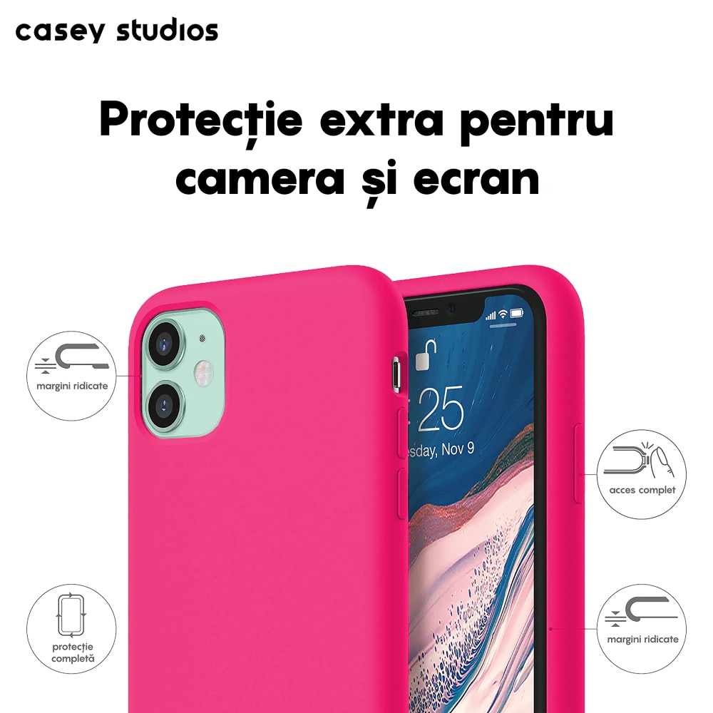 Husa CASEY STUDIOS™ compatibila cu iPhone 11, Soft Silicone Premium, Microfibra in Interior, Fuchsia, de Protectie, Ultra Slim, pentru Incarcare Wireless, Margini Ridicate de Protectia Ecranului si a Camerelor