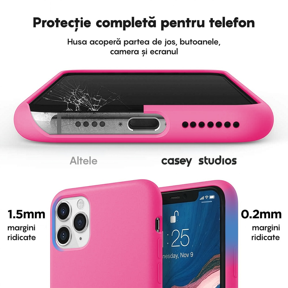 Husa CASEY STUDIOS™ compatibila cu iPhone 11 Pro, Soft Silicone Premium, Microfibra in Interior, Fuchsia, de Protectie, Ultra Slim, pentru Incarcare Wireless, Margini Ridicate de Protectia Ecranului si a Camerelor
