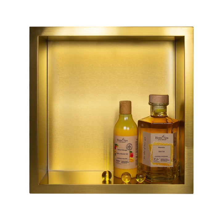 Nisa de dus, Balneo, WALL-BOX ONE, 30x30x10 cm aur, incastrata, otel inoxidabil AISI 304, otel periat, 100% etans, cu guler decorativ masca taieturi de placi, fara retinere de apa, nu ocupa spatiu, nu se corodeaza
