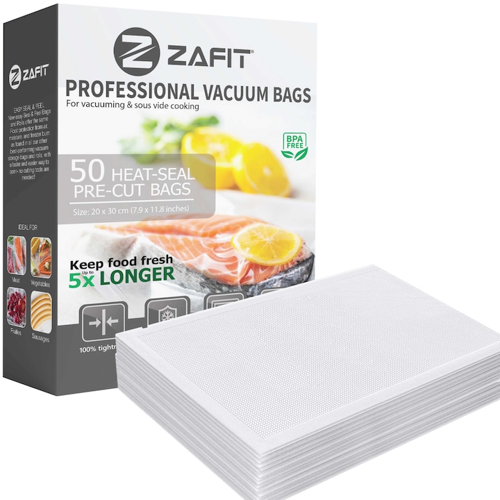 Pungi vidat gofrate ZAFIT™, pentru aparat de vidat alimente, 50 bucati, 20 x 30 cm, reutilizabile, rezistente, sous vide, lavabile in masina de spalat, fara BPA, transparent