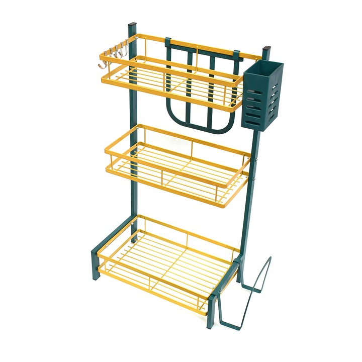 Raft metalic pentru vase si tacamuri, 3 polite, Naimeed D4475, Verde/Auriu, 43x21x60 cm