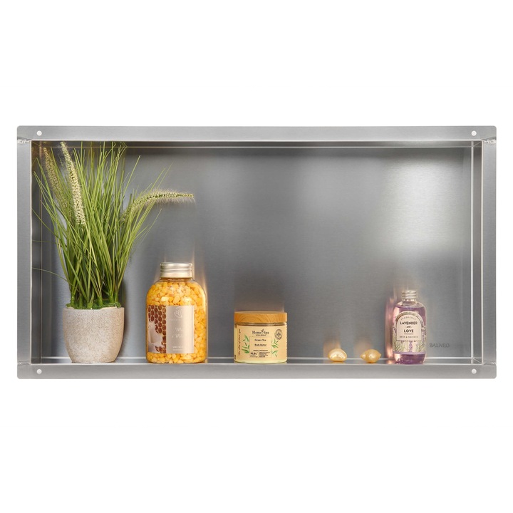 Nisa de dus, Balneo, WALL-BOX No Rim, 60x30x7 cm crom, otel inoxidabil AISI 304, otel periat, 100% etans, pentru instalare sub faianta, fara retinere de apa, nu ocupa spatiu, nu se corodeaza