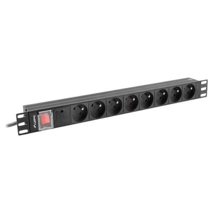 Lanberg hosszabbító kábel, 8 aljzat, kapcsolóval, 250 V, 2 m, fekete, piros