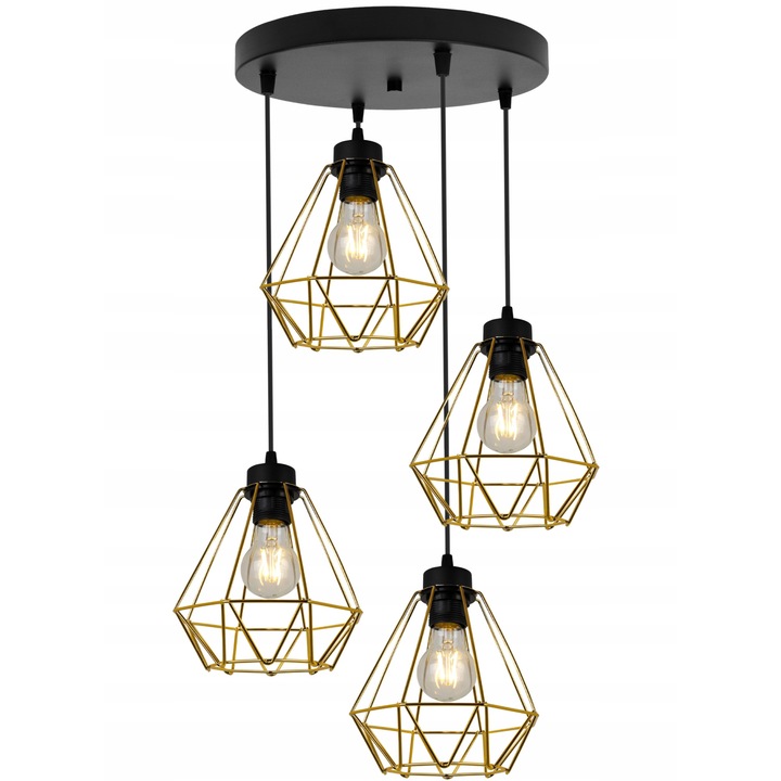 Plafoniera suspendata, LightHome, Nuvola Gold, Retea de alimentare, 60 W, 4 puncte luminoase, 19 cm, 90x45 cm, E27, metal, Auriu/Negru