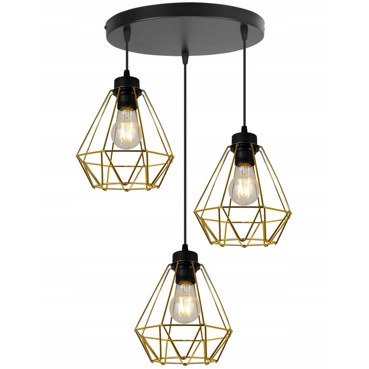 Plafoniera suspendata, LightHome, Nuvola Gold, Retea de alimentare, 60 W, 3 puncte luminoase, 19 cm, 90x45 cm, E27, metal, Auriu/Negru