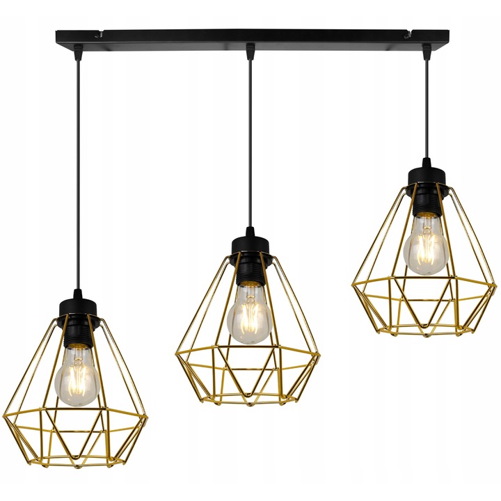 Plafoniera suspendata, LightHome, Nuvola Gold, Retea de alimentare, 60 W, 3 puncte luminoase, 19 cm, 90x75 cm, E27, metal, Auriu/Negru