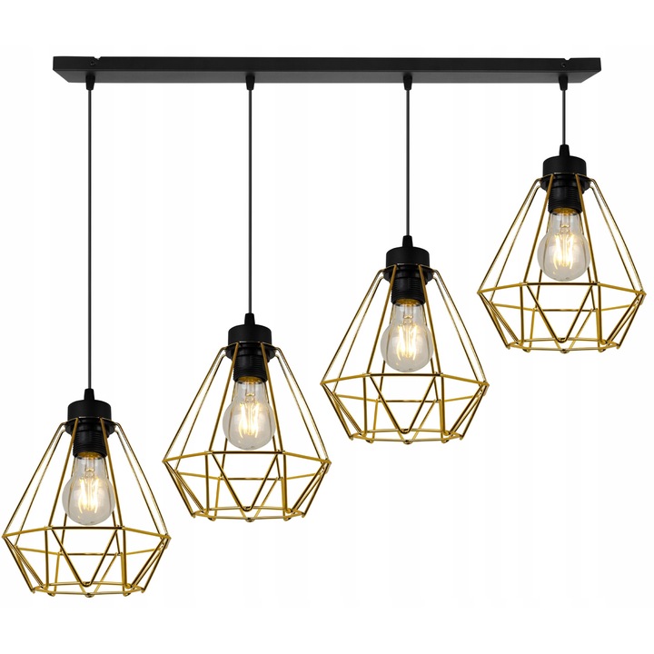 Plafoniera suspendata, LightHome, Nuvola Gold, Retea de alimentare, 60 W, 4 puncte luminoase, 19 cm, 90x85 cm, E27, metal, Auriu/Negru