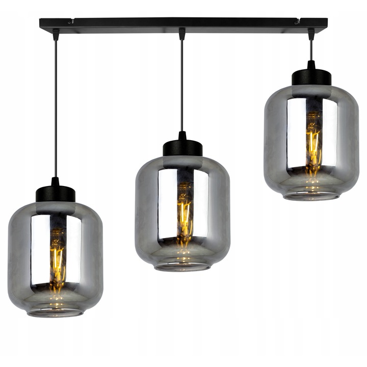 Plafoniera suspendata, LightHome, Novalja, Retea de alimentare, 60 W, 3 puncte luminoase, 15 cm, 90x70 cm, E27, sticla, Negru