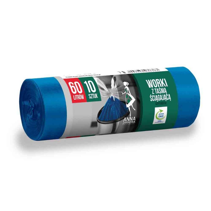 Торби с шнур, Ултра-устойчиви, Син, LDPE, 60 л, 10 бр.