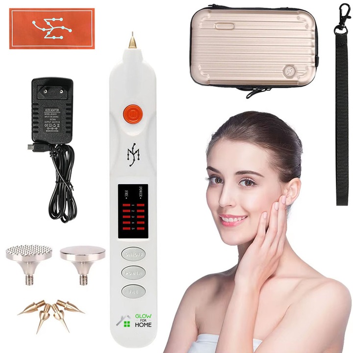 Aparat Fibroblast Plasma Pen cosmetic, GlowforHome, indepartarea Tatuajelor, Cicatricilor, Petelor, Alunitelor, Pistruilor, Eliminarea cu laser a negilor, Ecran LCD, 9 nivele reglabile, USB, Alb