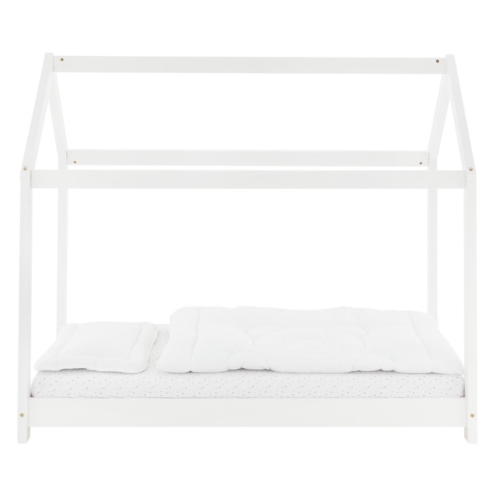 Pat pentru copii cu saltea ML-Design, tip casuta, 145,5 x 127,5 x 78 cm, lemn masiv de pin, alb, constructie stabila, saltea din spuma rece 140 x 70 x 11 cm, lavabil