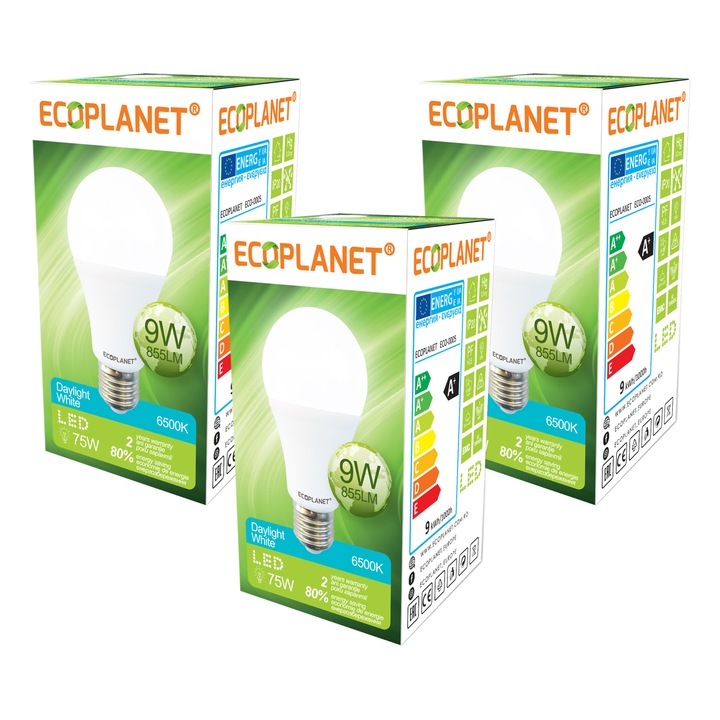 Set 3 buc - Bec LED Ecoplanet, E27, 9W, 75W, 855 LM, F, lumina rece 6500K, Alb, Mat
