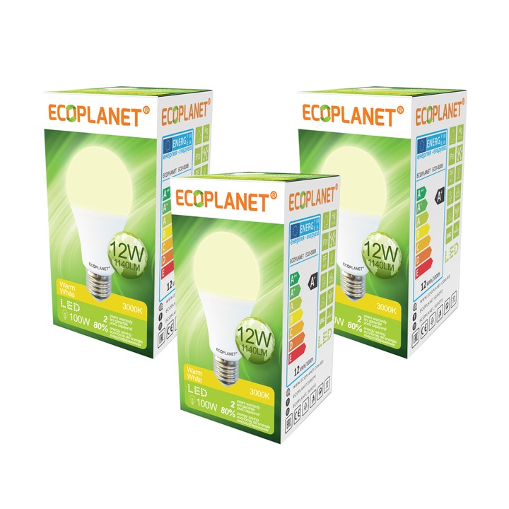 3 db-os készlet - Ecoplanet LED izzó, E27, 12W, 100W, 1140 LM, F, meleg fény 3000K, fehér, matt