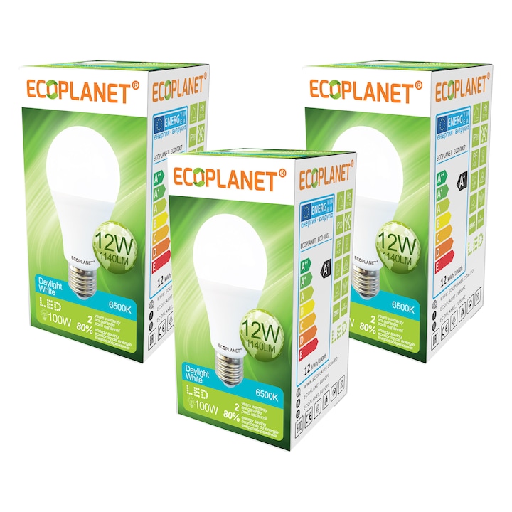 Set 3 buc - Bec LED Ecoplanet, E27, 12W, 100W, 1140 LM, F, lumina rece 6500K, Alb, Mat
