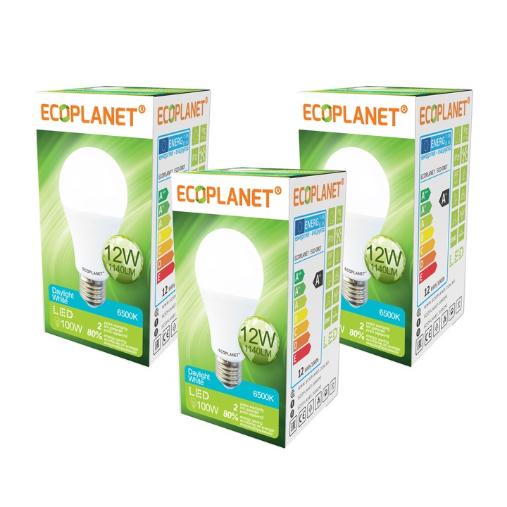 Комплект от 3 броя - Ecoplanet LED крушка, E27, 12W, 100W, 1140 LM, F, студена светлина 6500K, бяла, матова