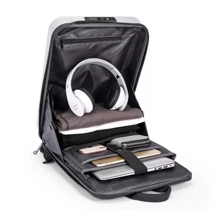 Rucsac laptop 15.6" business cu carcasa rigida din material impermeabil EVA, sistem antifurt, port de incarcare USB, BANGE, 30.5x10x44.5 cm, Argintiu
