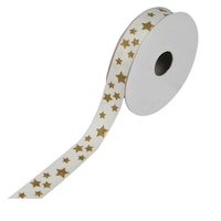 Panglica decorativa pentru pomul de Craciun, cu stele aurii, bej, 5 m x 15 mm