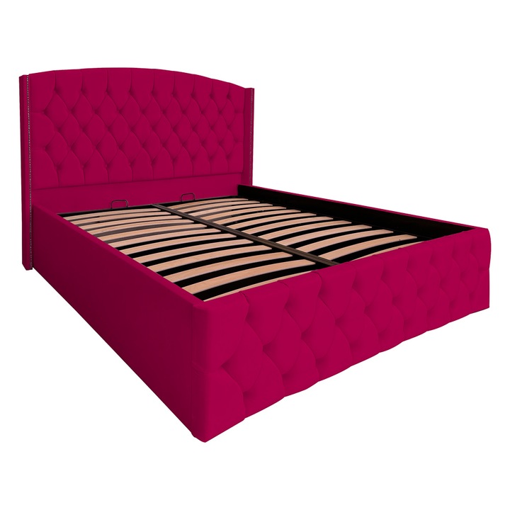 Pat Tokyo dublu cu somiera rabatabila si spatiu de depozitare, roz inchis, F16, 120x200 cm