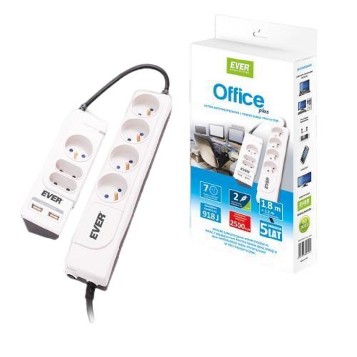 Protector de supratensiune Ever, Office Plus, 3 m, Alb