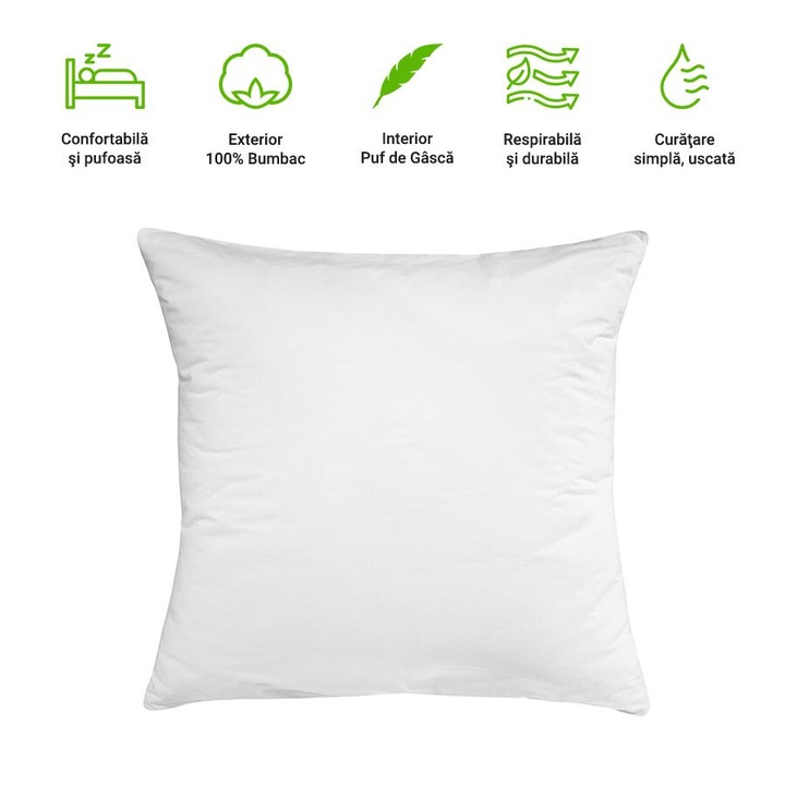 Perna Ferma HappyNest, 70x70 cm, cu 50% puf de gasca, Alb