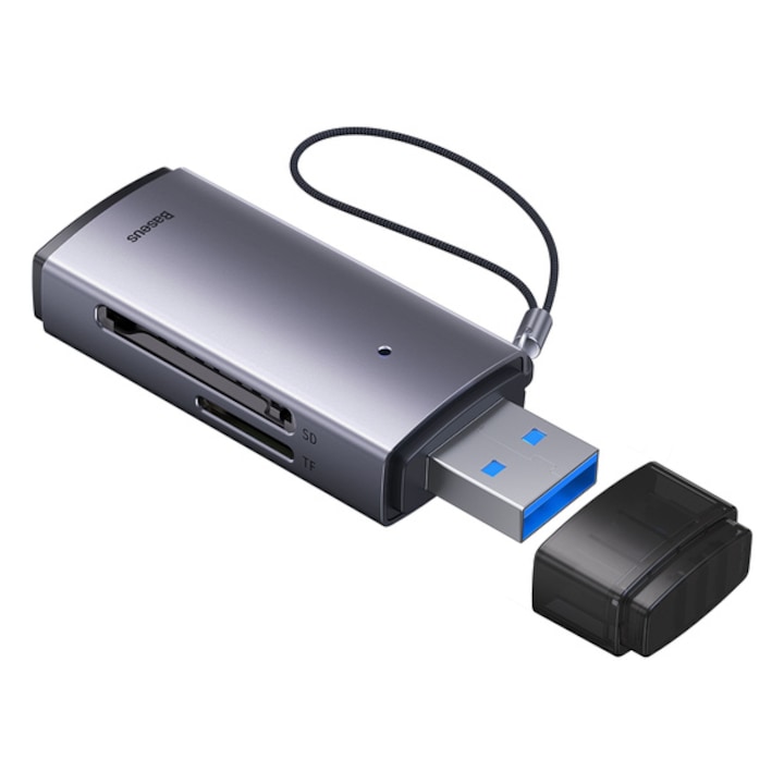 Cititor de carduri de memorie Lite Series, Baseus, MicroSD SD TF 2TB, USB3.0, 22x76x11mm, Gri