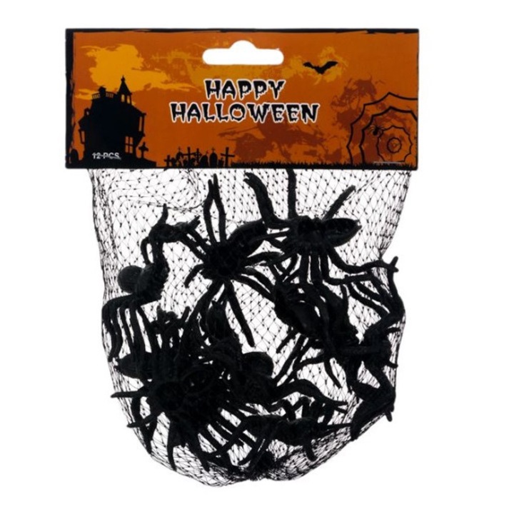Plasa cu 12 paianjeni decorativi negri, cu aspect realist, pentru Halloween Party