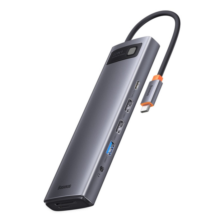 Адаптер Metal Gleam 12in1, Baseus, HUB USB-C - HDMI, DP, USB3.0, USB-C 10GB/s, RJ45, Audio, SD/TF, 100W, Сив