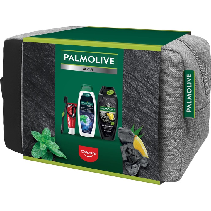 Set cadou Palmolive: Gel de dus Palmolive Men Detoxifying, 250 ml + Sampon Palmolive Men Invigorating, 350 ml + Periuta de dinti Colgate Slim Soft Black + Pasta de dinti Colgate Max White Charcoal, 75 ml