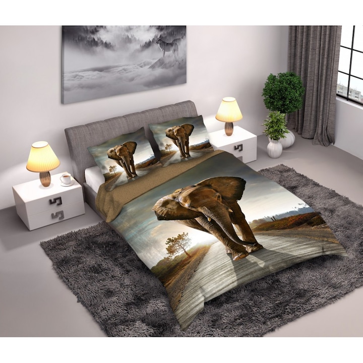 Комплект шалте и 2 калъфки за възглавници, Javoli, модел слон, памук, 160 x 200 см/70 x 80 см, многоцветен