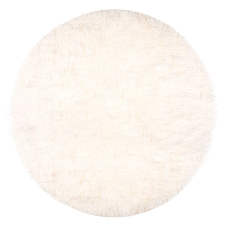 Covor pufos, forma cerc, alb, poliester, 70cm